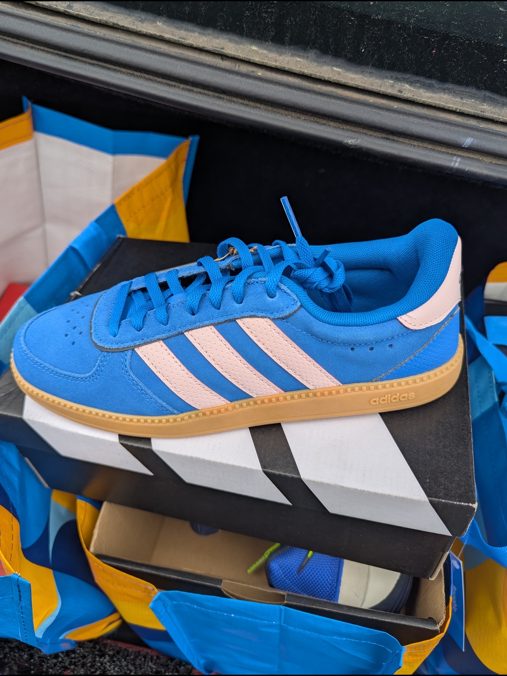 adidas Blue Suede Sneakers with White Stripes and Gum Sole